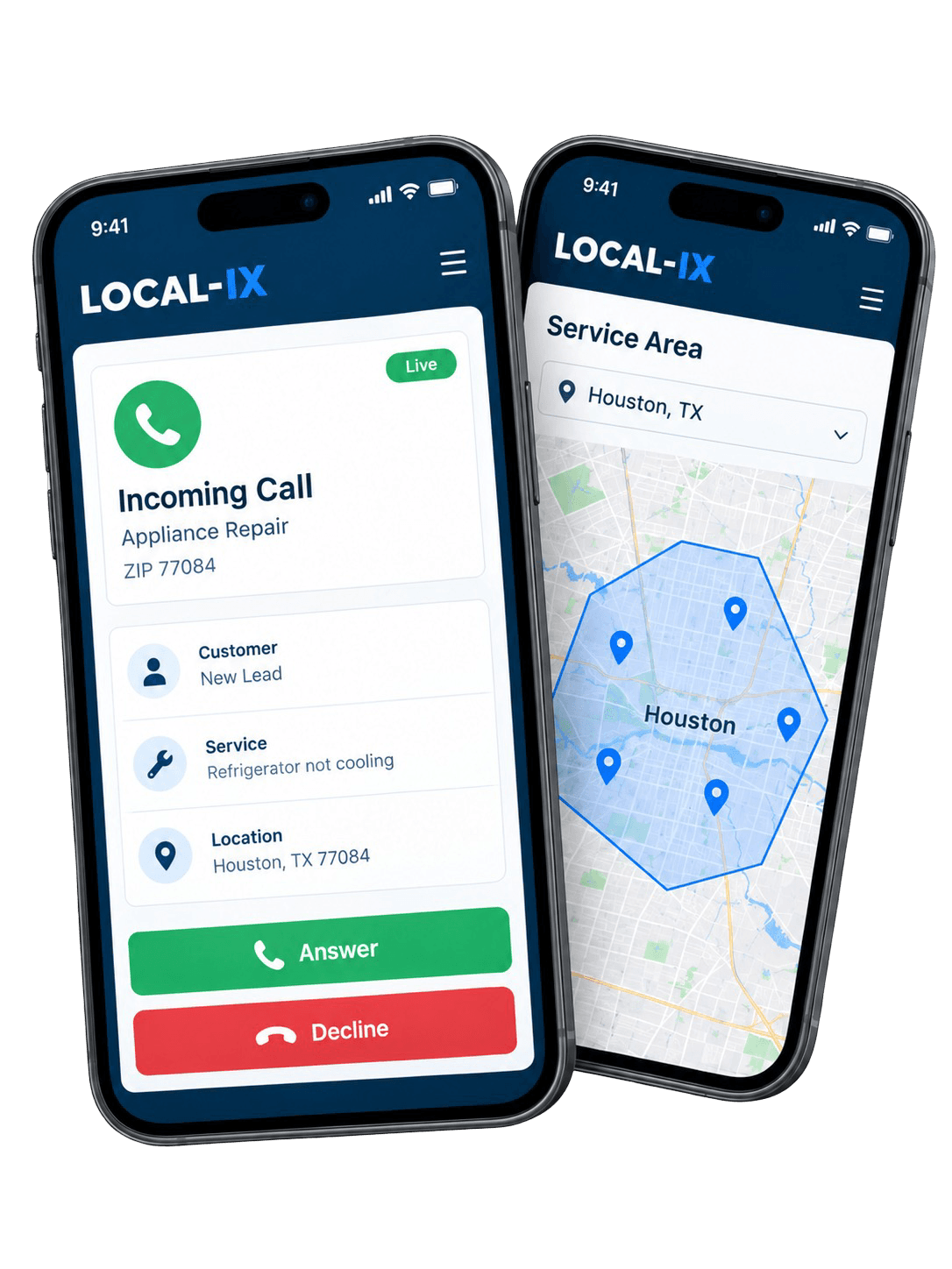 The Local-IX advertiser app on two phones: an incoming appliance repair call from ZIP 77084 with Answer and Decline buttons, and a campaign's service area drawn on a map of Houston